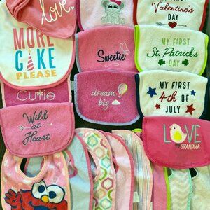 Baby Girls Lot of (20) Baby Bibs of Various Styles - Carter's, Lovable Friends